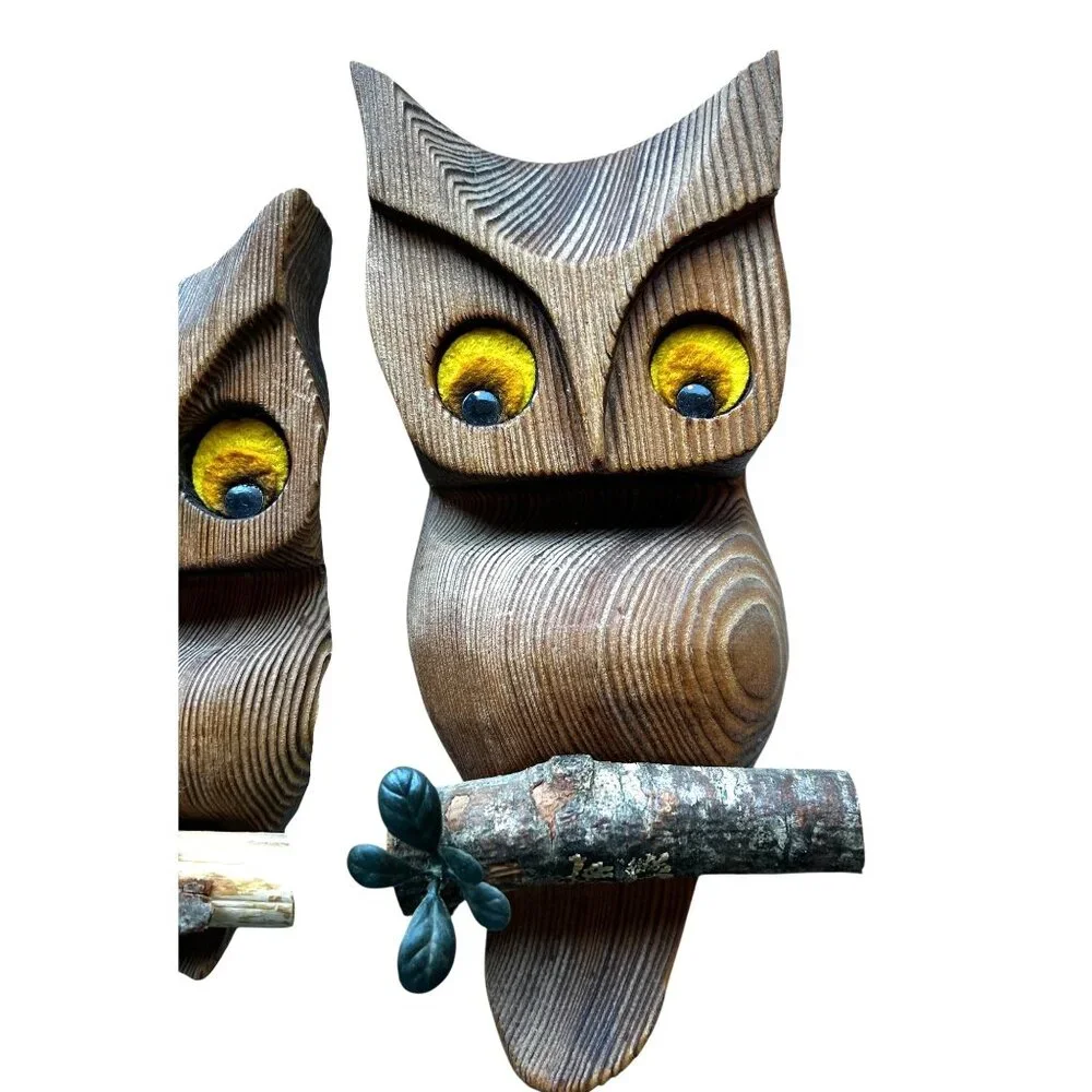 Pair of Vintage Wood Owls Perched on Branches Sand Blasted Finisg Wall Hangers - Picture 6 of 9
